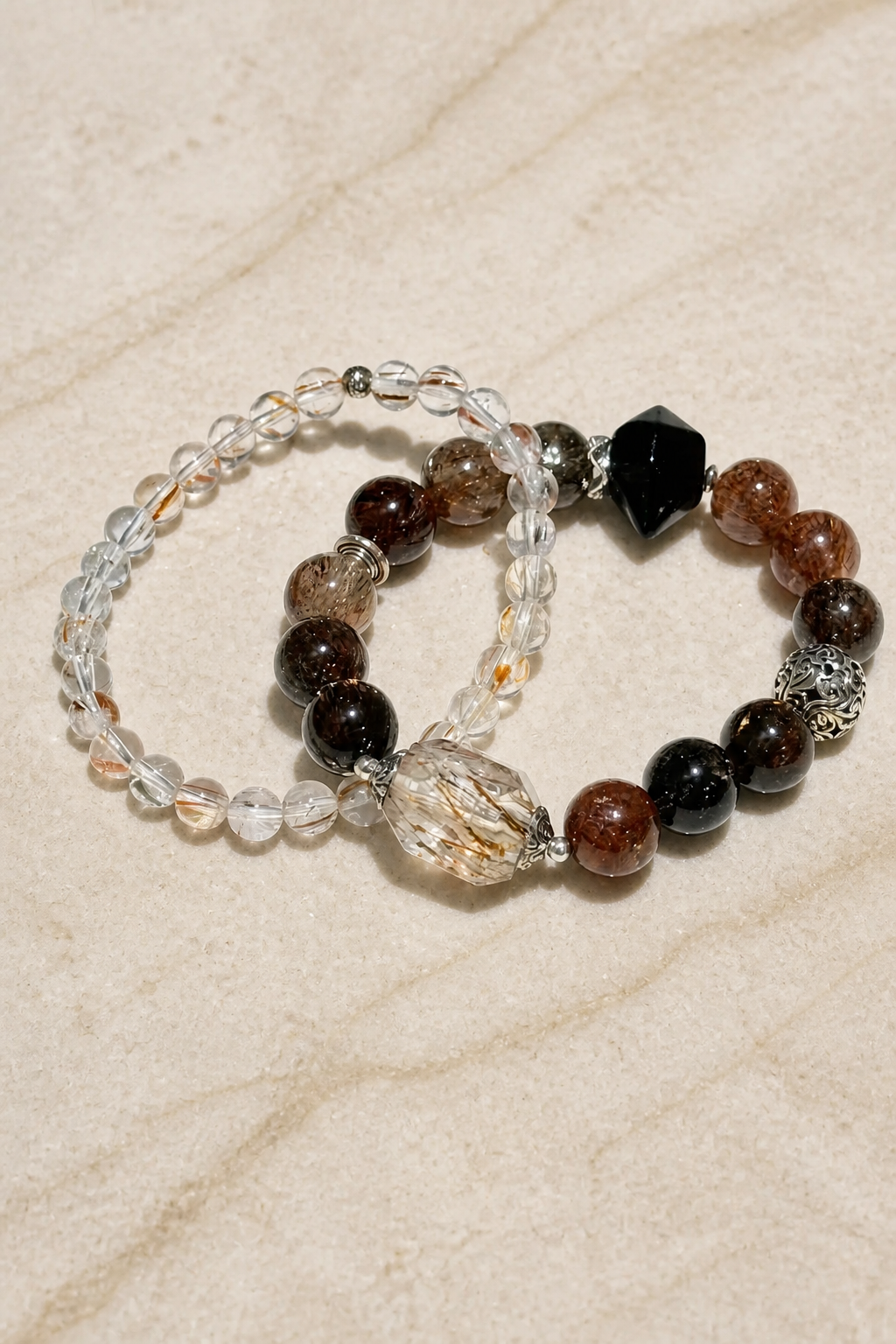 Black Gold Super Seven And Black Quartz Bracelet Set - NekokOi