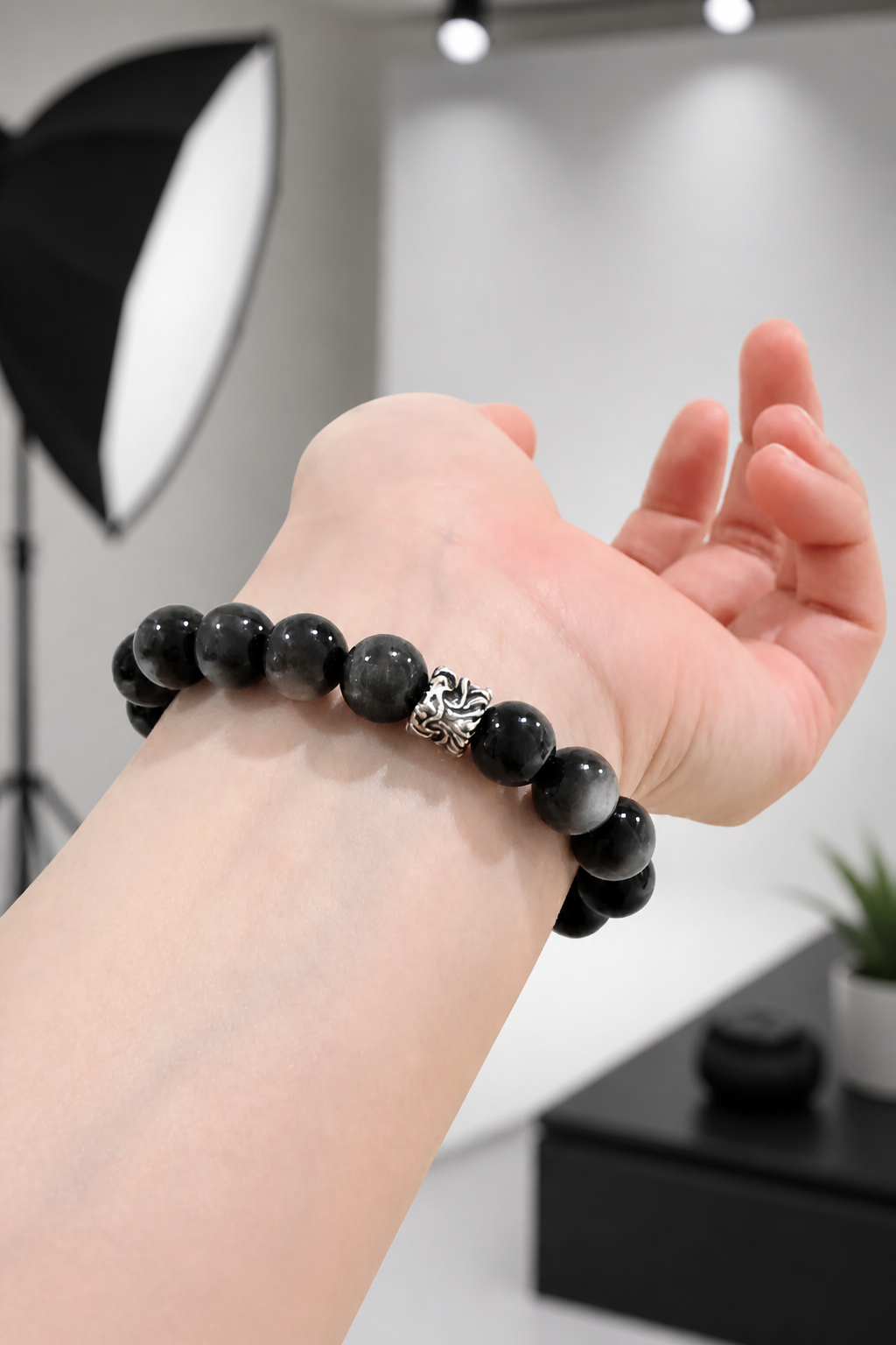 Silver Obsidian Bracelet with Gothic Cross Charm - NekokOi