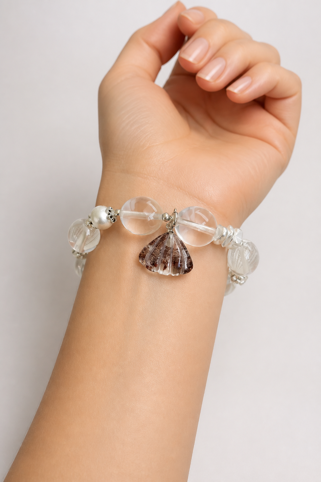 Blossom Shell Bracelet – Clear Quartz, Pearl & Shell Charm