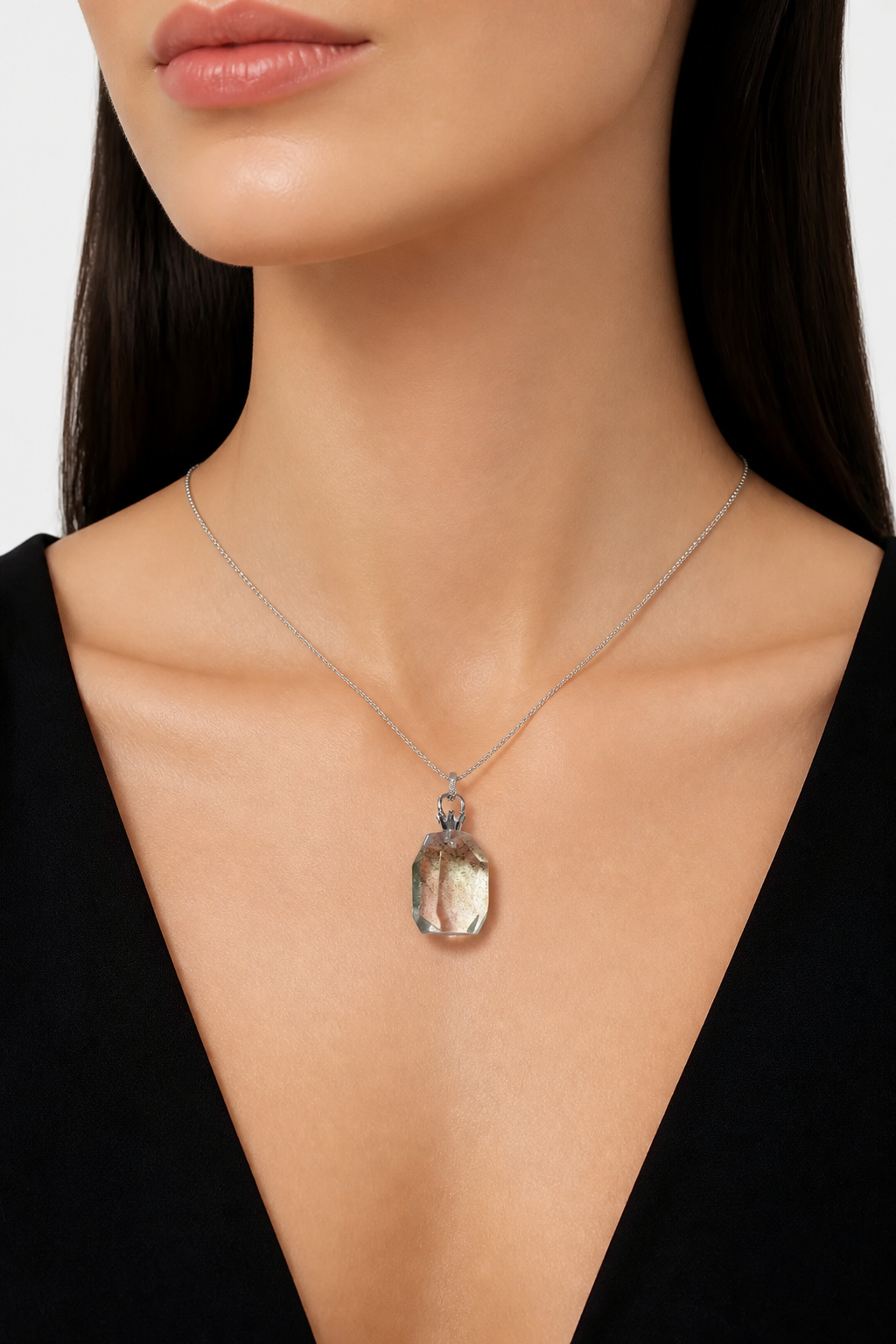Starlight Green Phantom Crystal Sterling Silver Necklace - NekokOi
