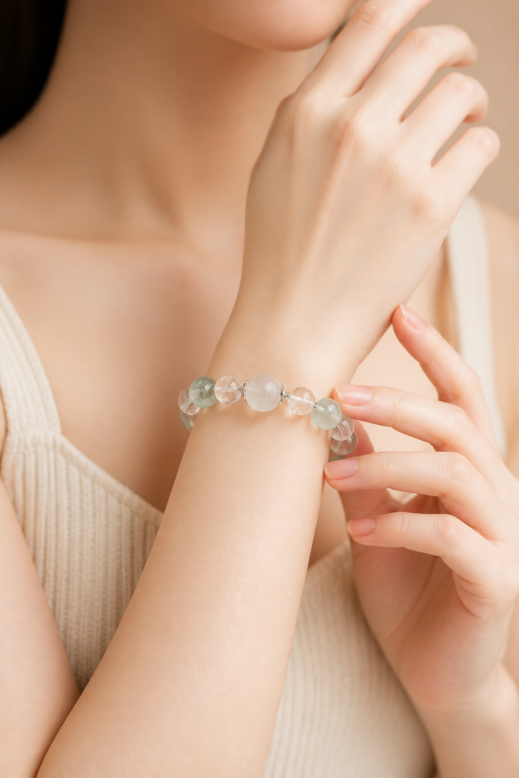 Green Phantom × Green Rutilated Quartz × Silver Moonstone Bracelet - NekokOi