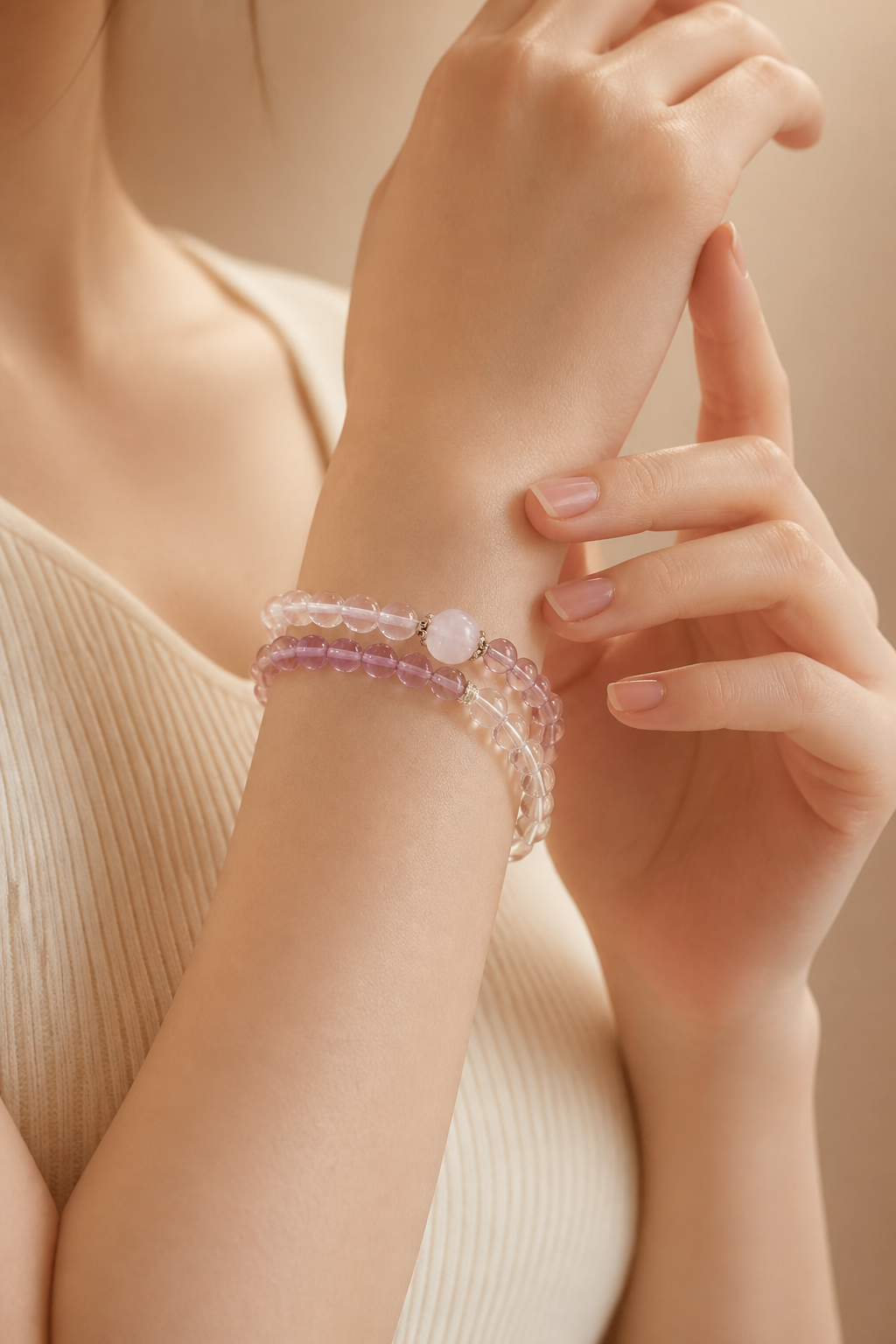 Silver Labradorite · Clear Quartz · Light Purple Amethyst Double-Strand Bracelet - NekokOi