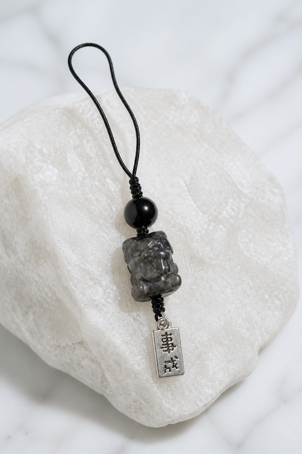 Silver Obsidian Lion Dance Charm – Success & Protection - NekokOi