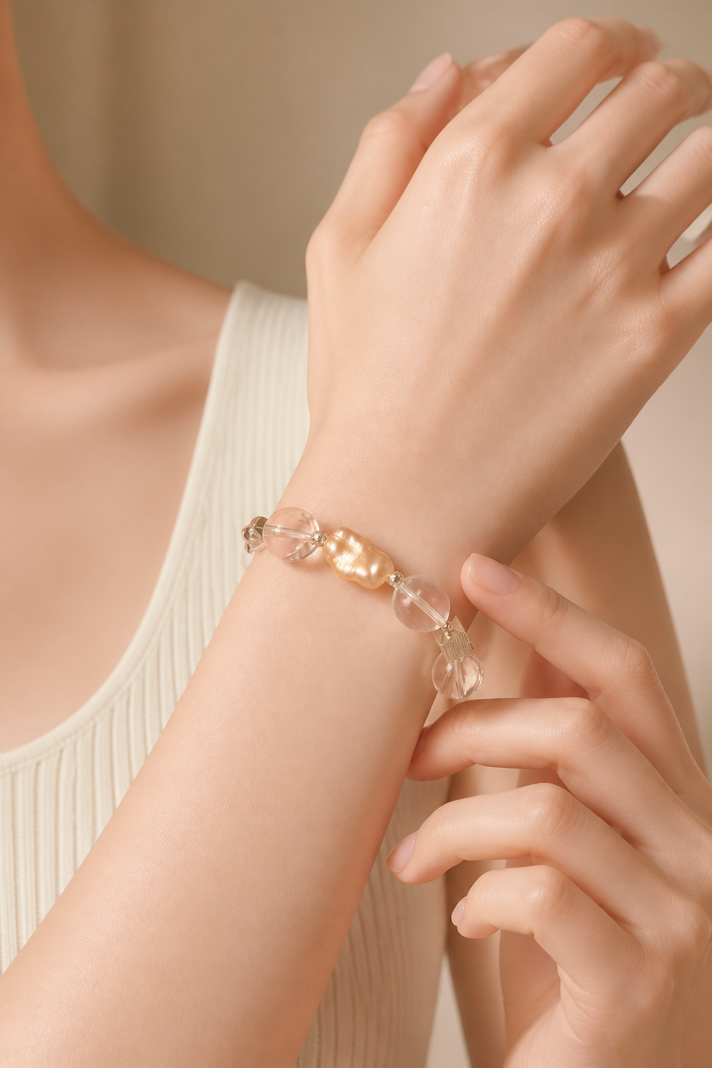 Celestial Clarity Bracelet – Baroque Pearl & Clear Quartz with Modern Silver Accents - NekokOi