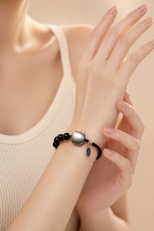 Silver Obsidian Cat Bracelet - NekokOi