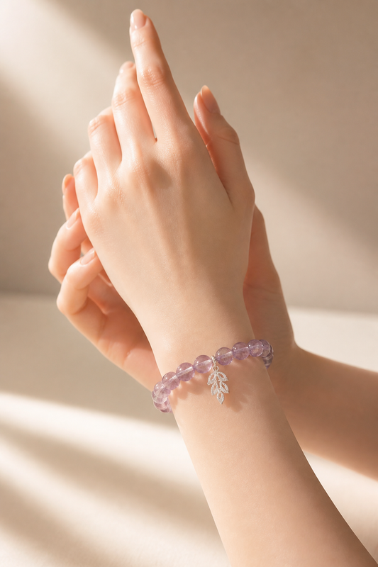 Lavender Spirit Bracelet – Natural Amethyst with Silver Leaf Charm - NekokOi