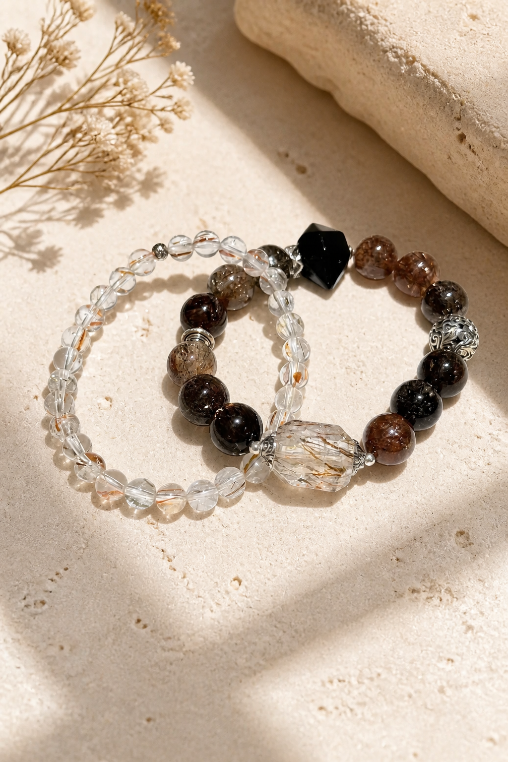 Black Gold Super Seven And Black Quartz Bracelet Set - NekokOi