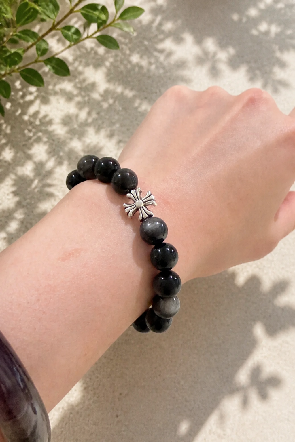 Silver Obsidian Bracelet with Gothic Cross Charm - NekokOi