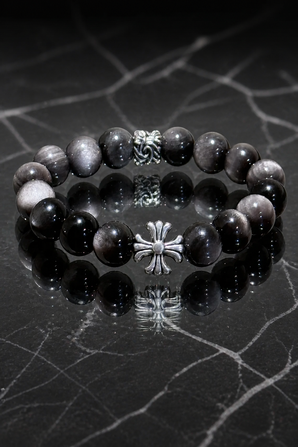 Silver Obsidian Bracelet with Gothic Cross Charm - NekokOi