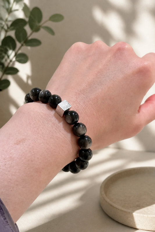 Minimalist Silver Obsidian Bracelet - NekokOi