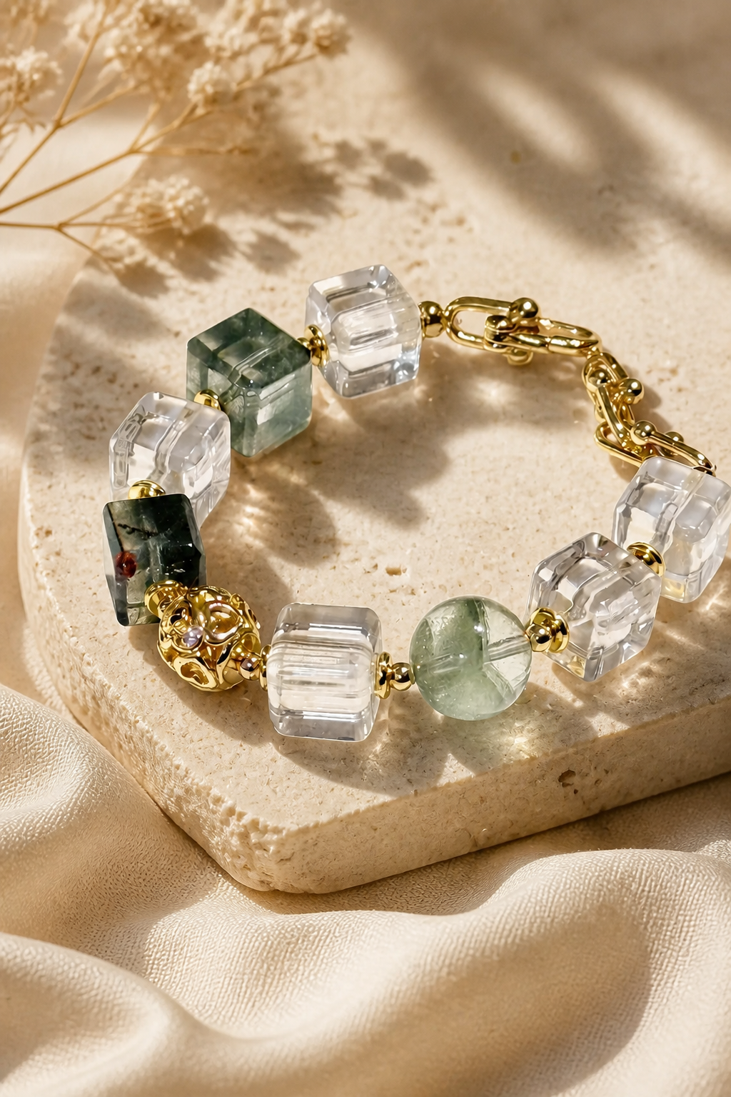 Transform Your Aura: Green Phantom and Clear Quartz Bracelet for Balance and Beauty