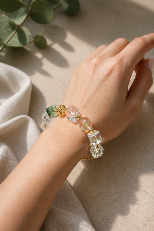 Transform Your Aura: Green Phantom and Clear Quartz Bracelet for Balance and Beauty