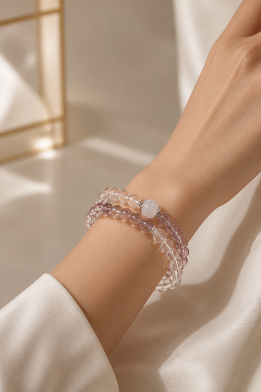 Silver Labradorite · Clear Quartz · Light Purple Amethyst Double-Strand Bracelet
