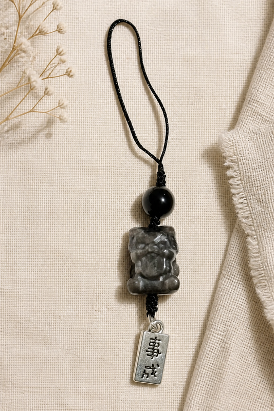 Silver Obsidian Lion Dance Charm – Embrace Courage and Attract Success