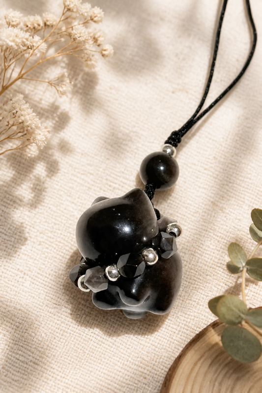 Silver Obsidian Cat Charm – Protection & Grace