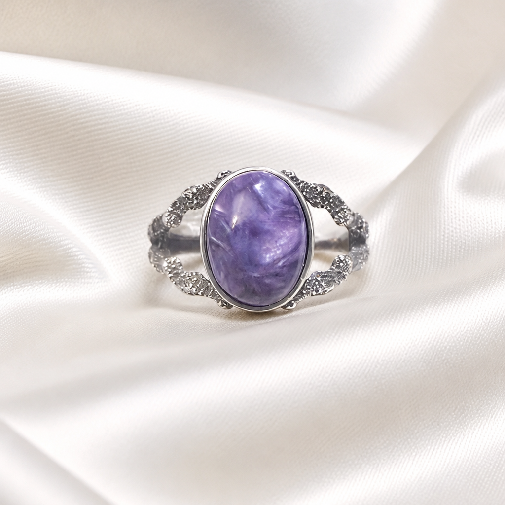 Russian Charoite S925 Silver Adjustable Ring