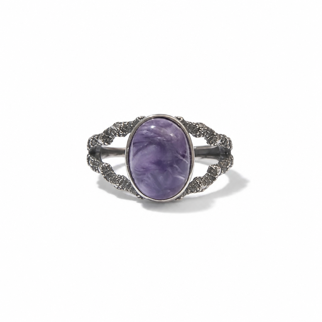 Russian Charoite S925 Silver Adjustable Ring