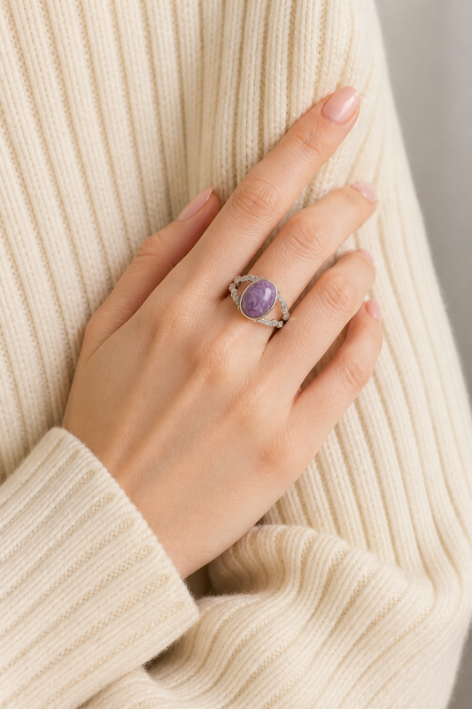 Russian Charoite S925 Silver Adjustable Ring