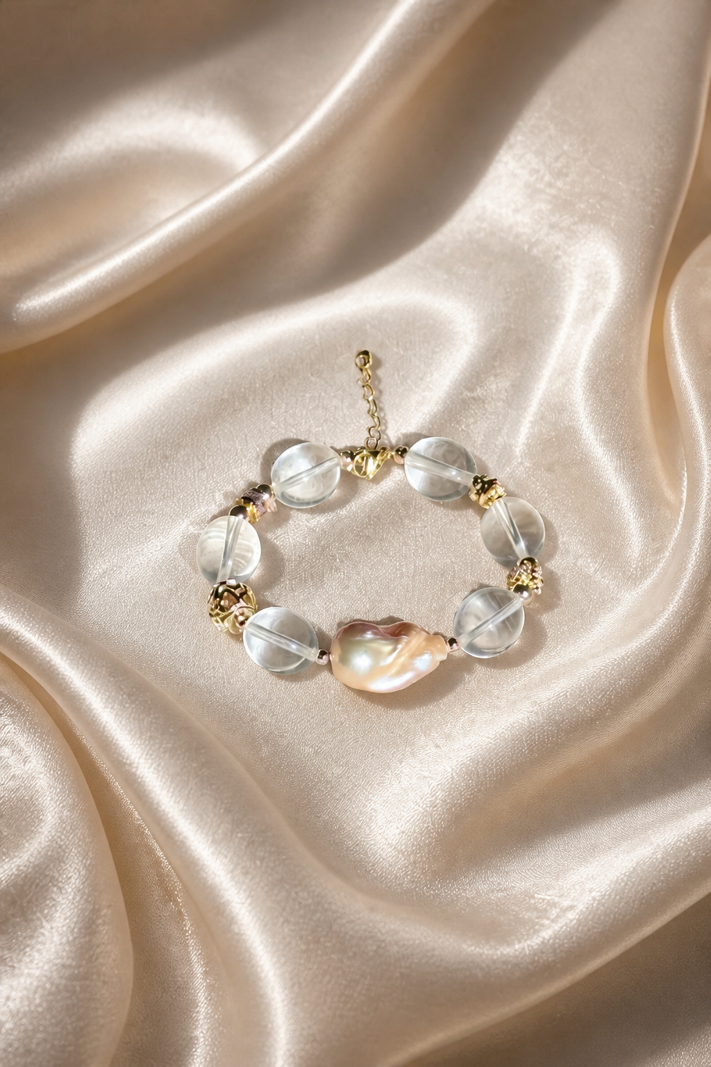Golden Aura Bracelet – Baroque Pearl & Clear Quartz Elegance