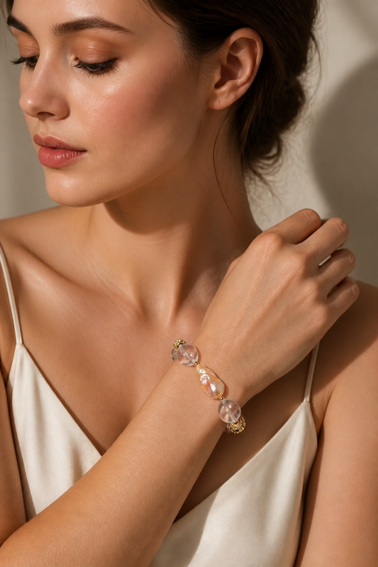 Golden Aura Bracelet – Baroque Pearl & Clear Quartz Elegance