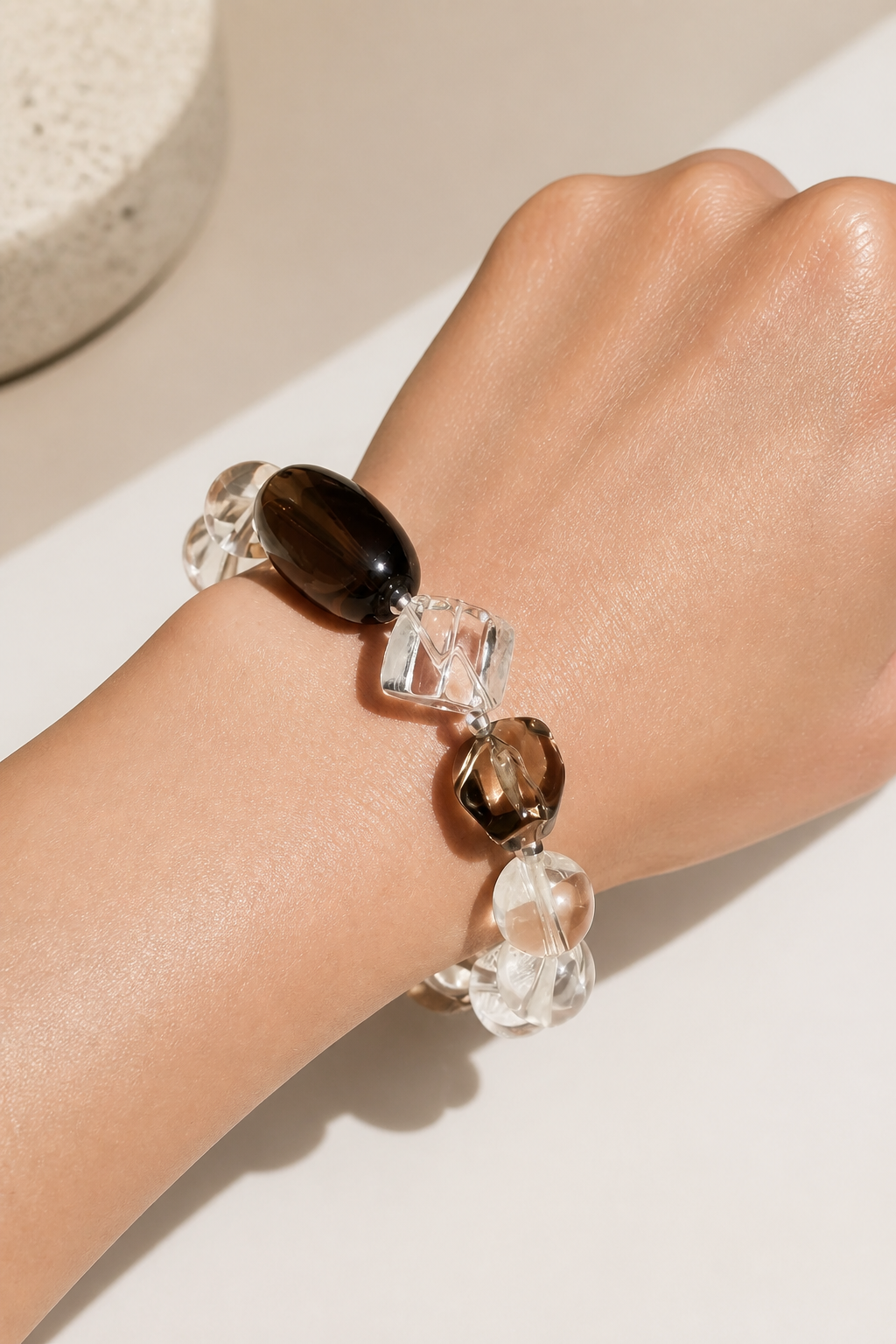 Midnight Clarity Bracelet – Smoky Quartz & Clear Crystal Elegance