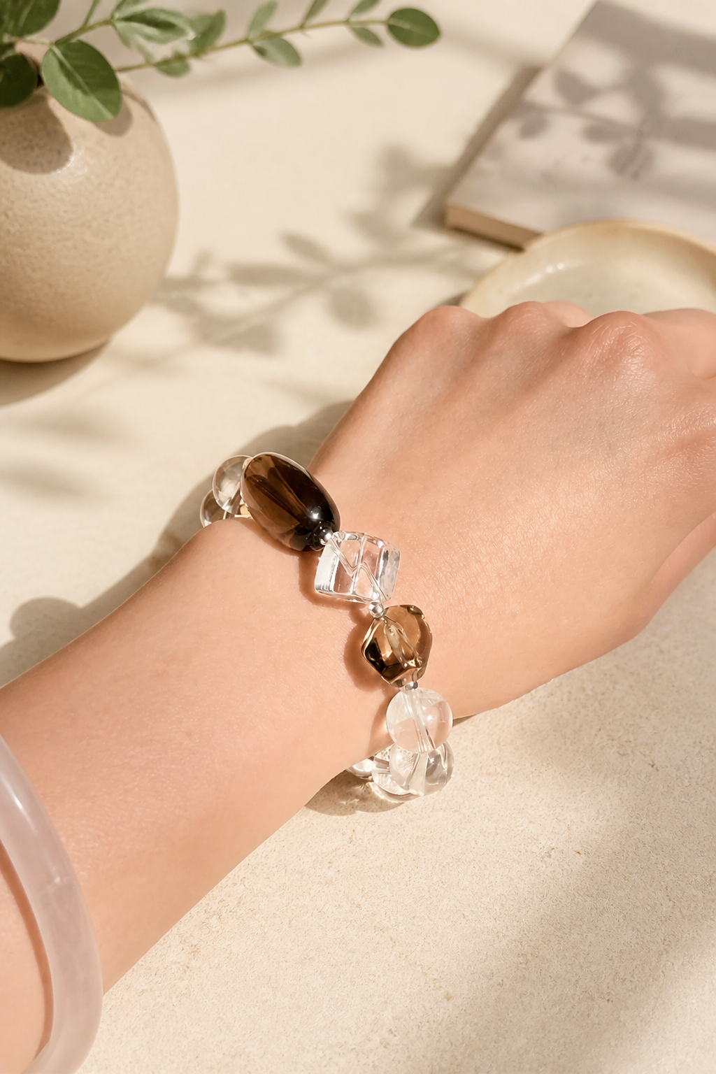 Midnight Clarity Bracelet – Smoky Quartz & Clear Crystal Elegance