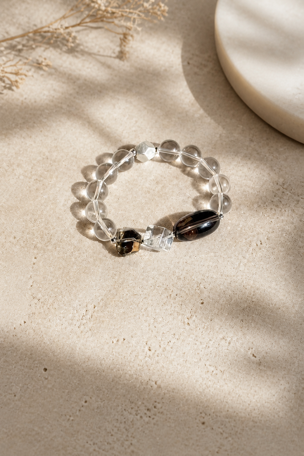 Midnight Clarity Bracelet – Smoky Quartz & Clear Crystal Elegance