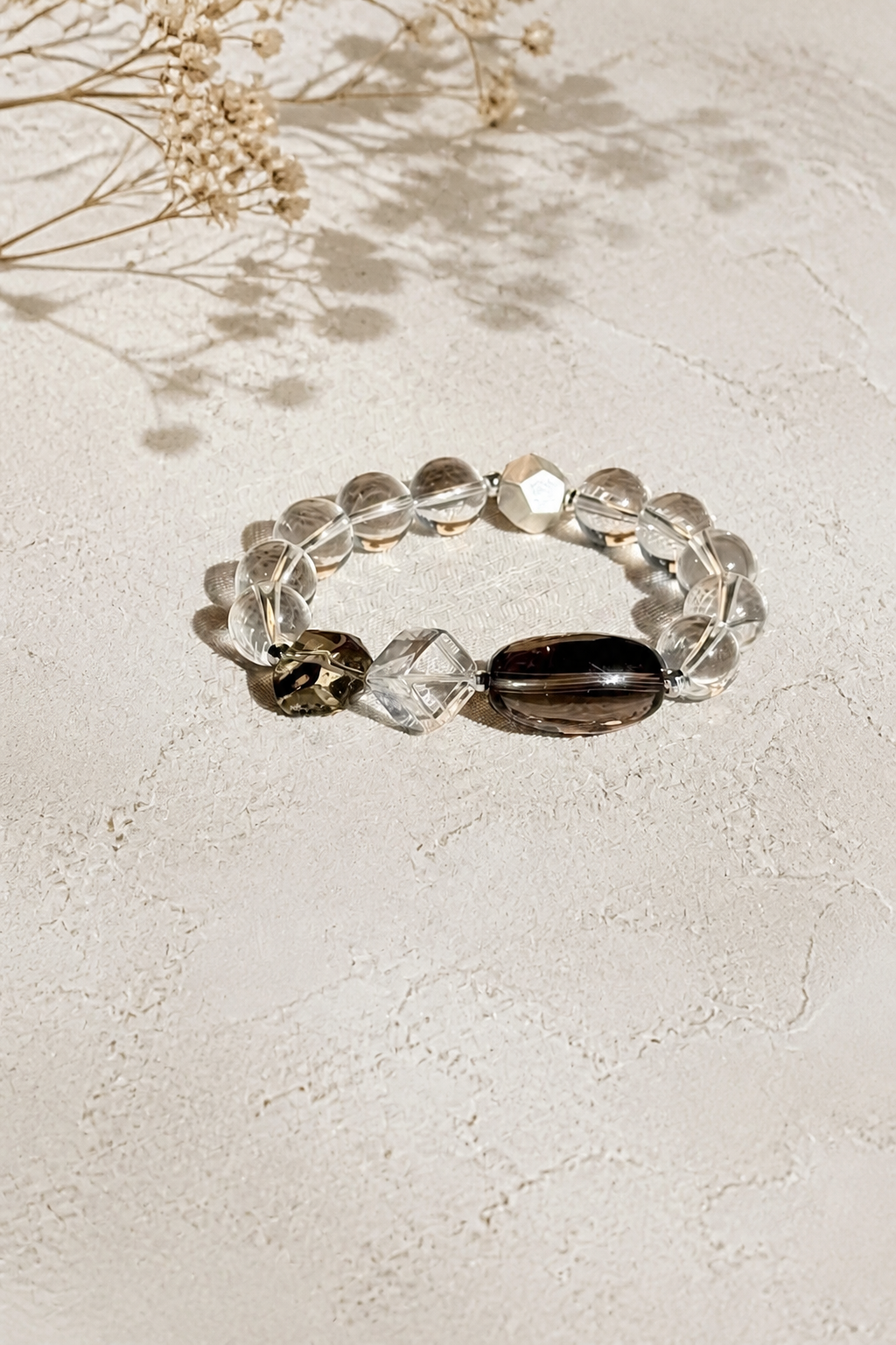 Midnight Clarity Bracelet – Smoky Quartz & Clear Crystal Elegance