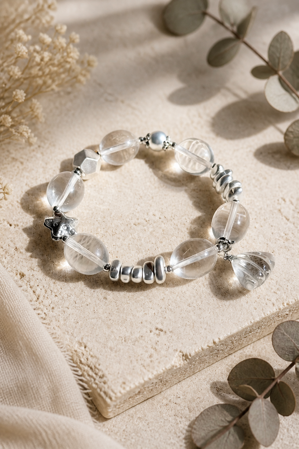 Starlight Clarity Bracelet – Clear Quartz & Silver Charm Design