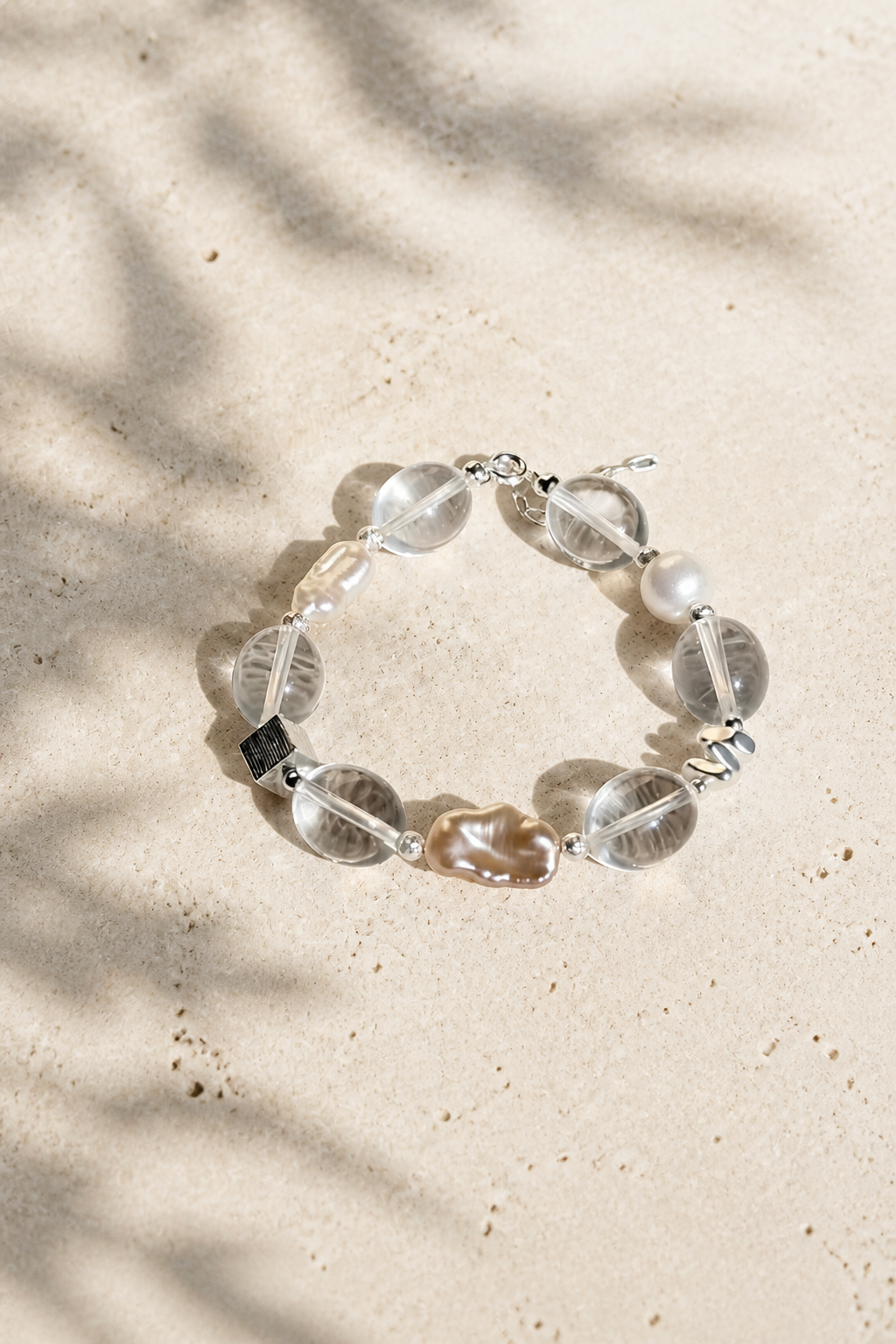 Celestial Clarity Bracelet – Baroque Pearl & Clear Quartz with Modern Silver Accents
