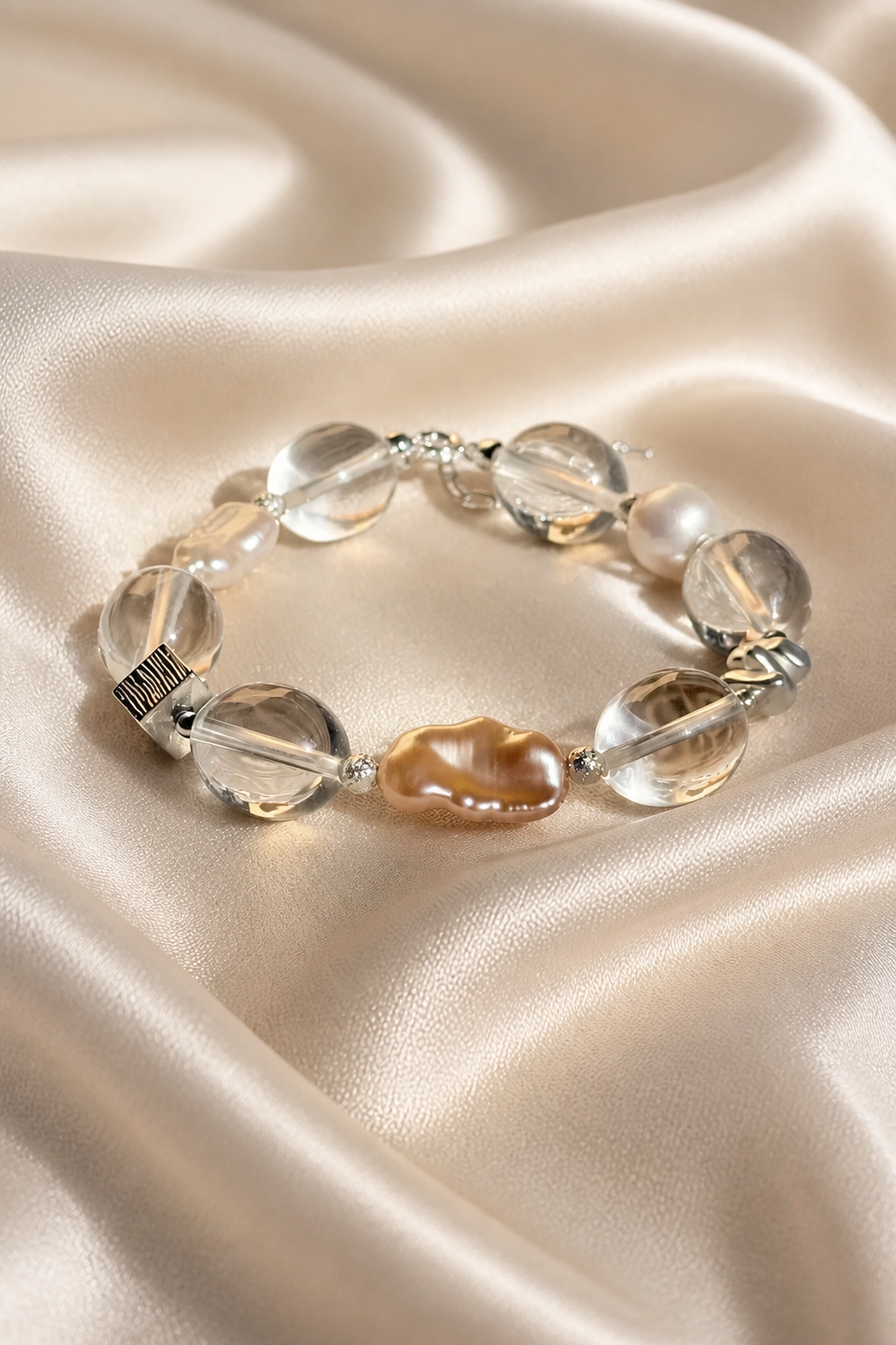 Celestial Clarity Bracelet – Baroque Pearl & Clear Quartz with Modern Silver Accents