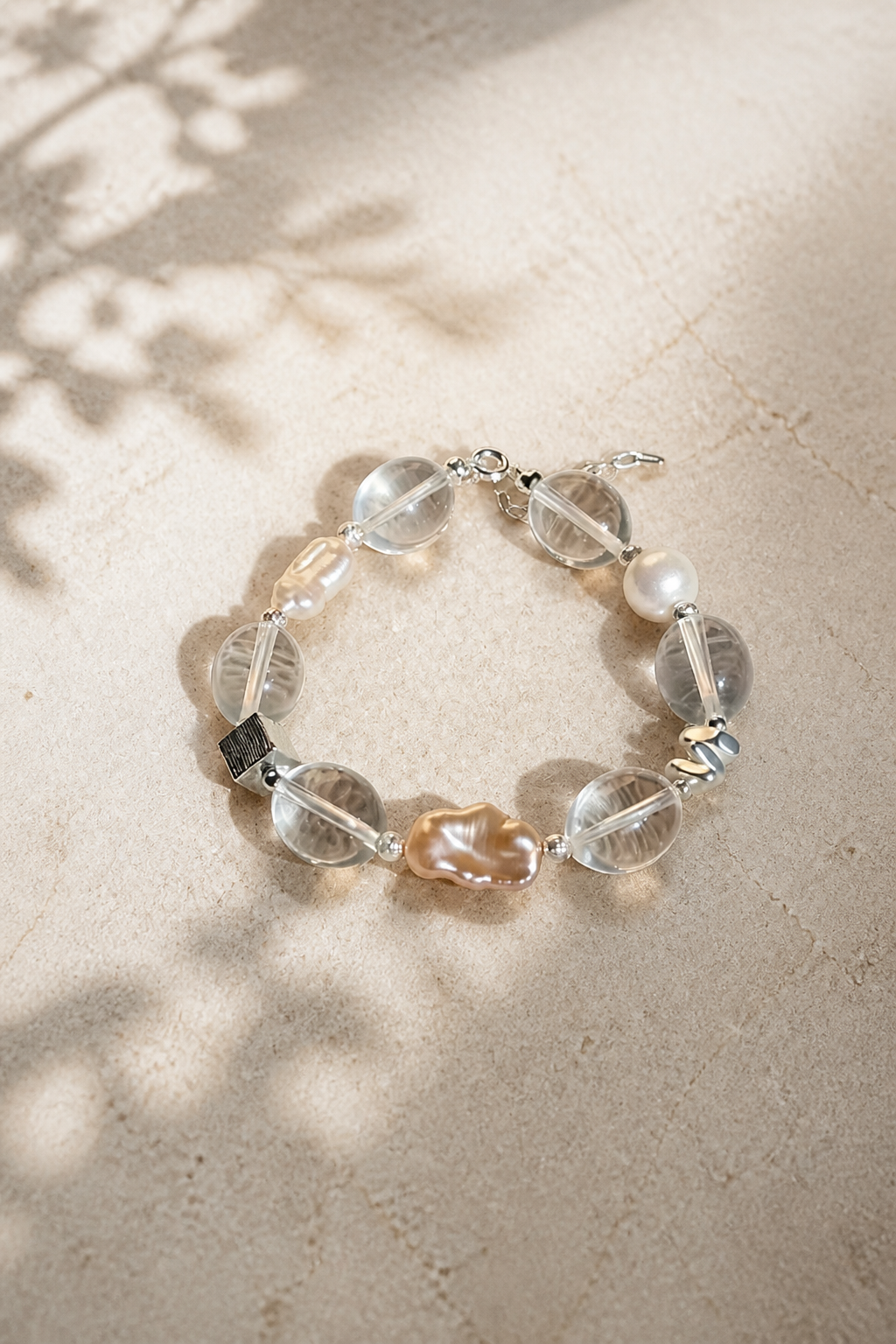 Celestial Clarity Bracelet – Baroque Pearl & Clear Quartz with Modern Silver Accents