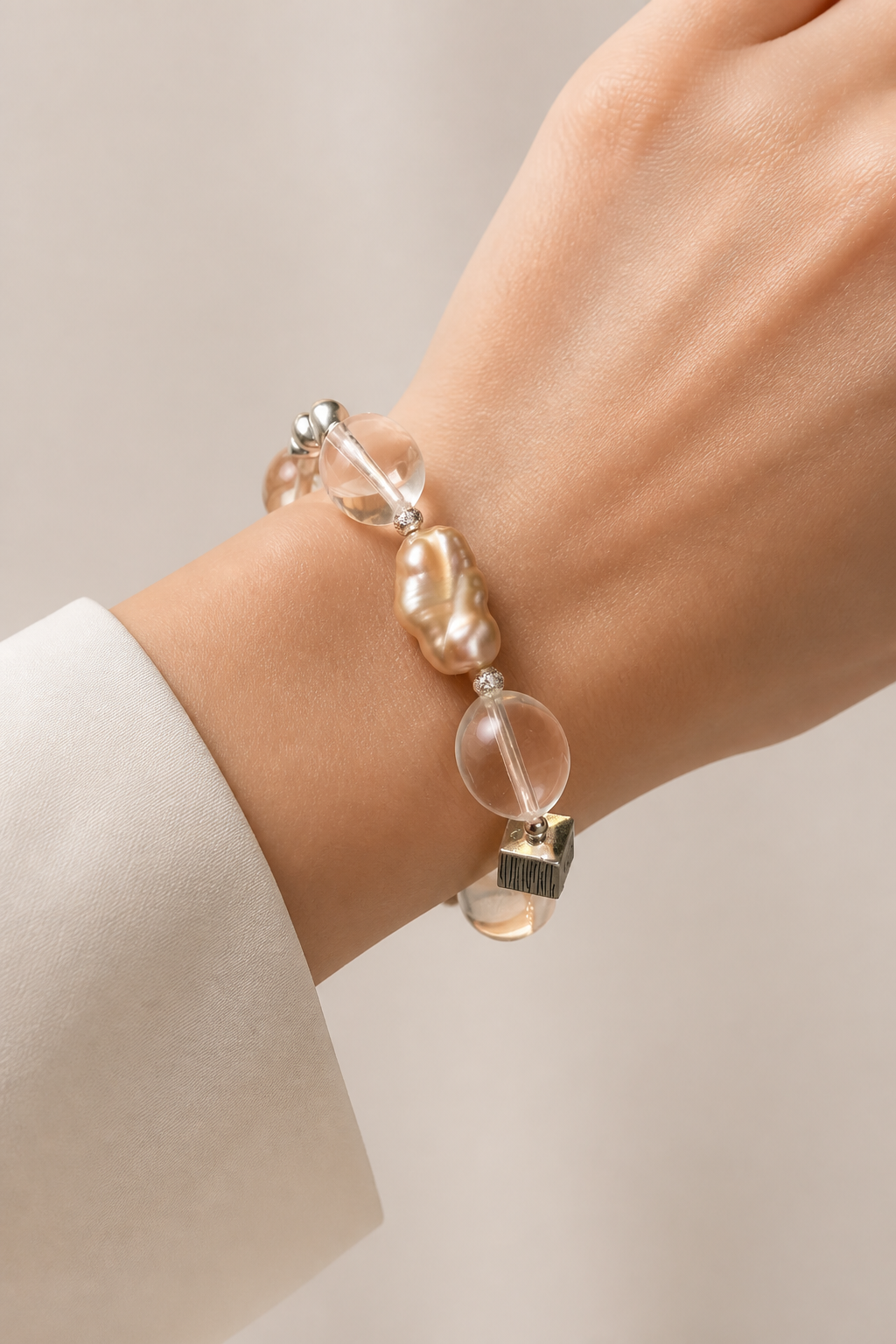 Celestial Clarity Bracelet – Baroque Pearl & Clear Quartz with Modern Silver Accents