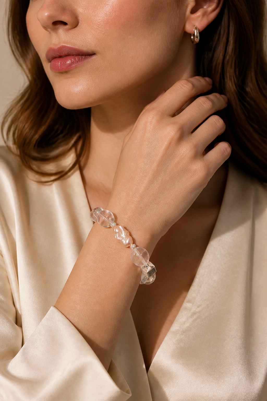 Celestial Clarity Bracelet – Baroque Pearl & Clear Quartz with Modern Silver Accents
