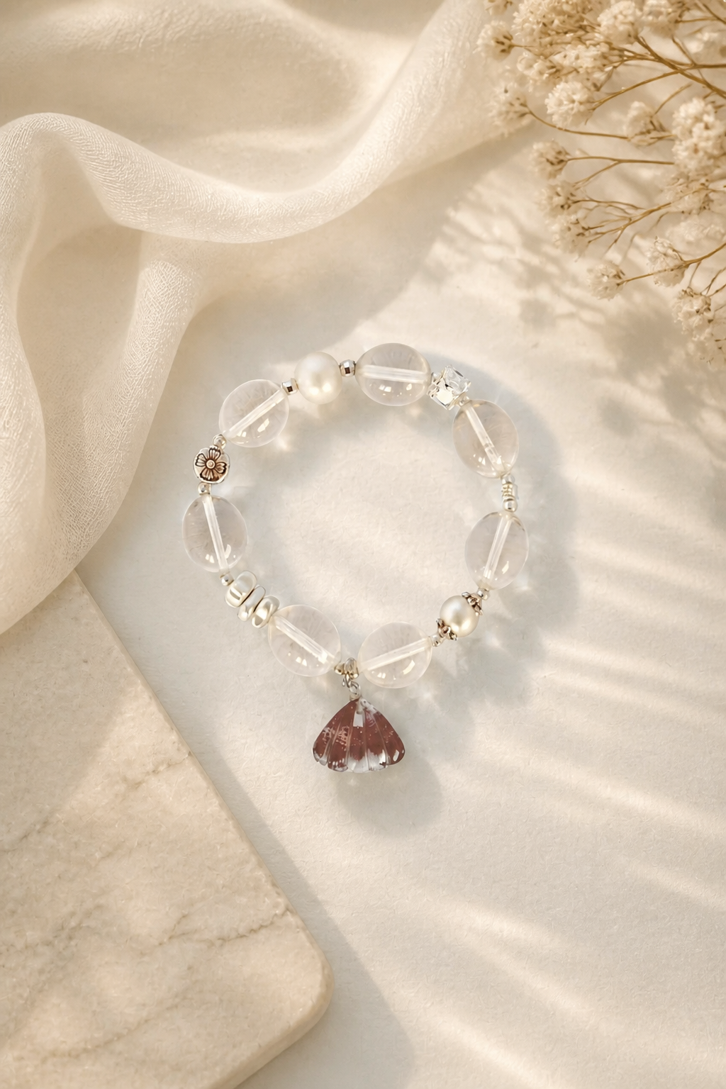 Blossom Shell Bracelet – Clear Quartz, Pearl & Shell Charm