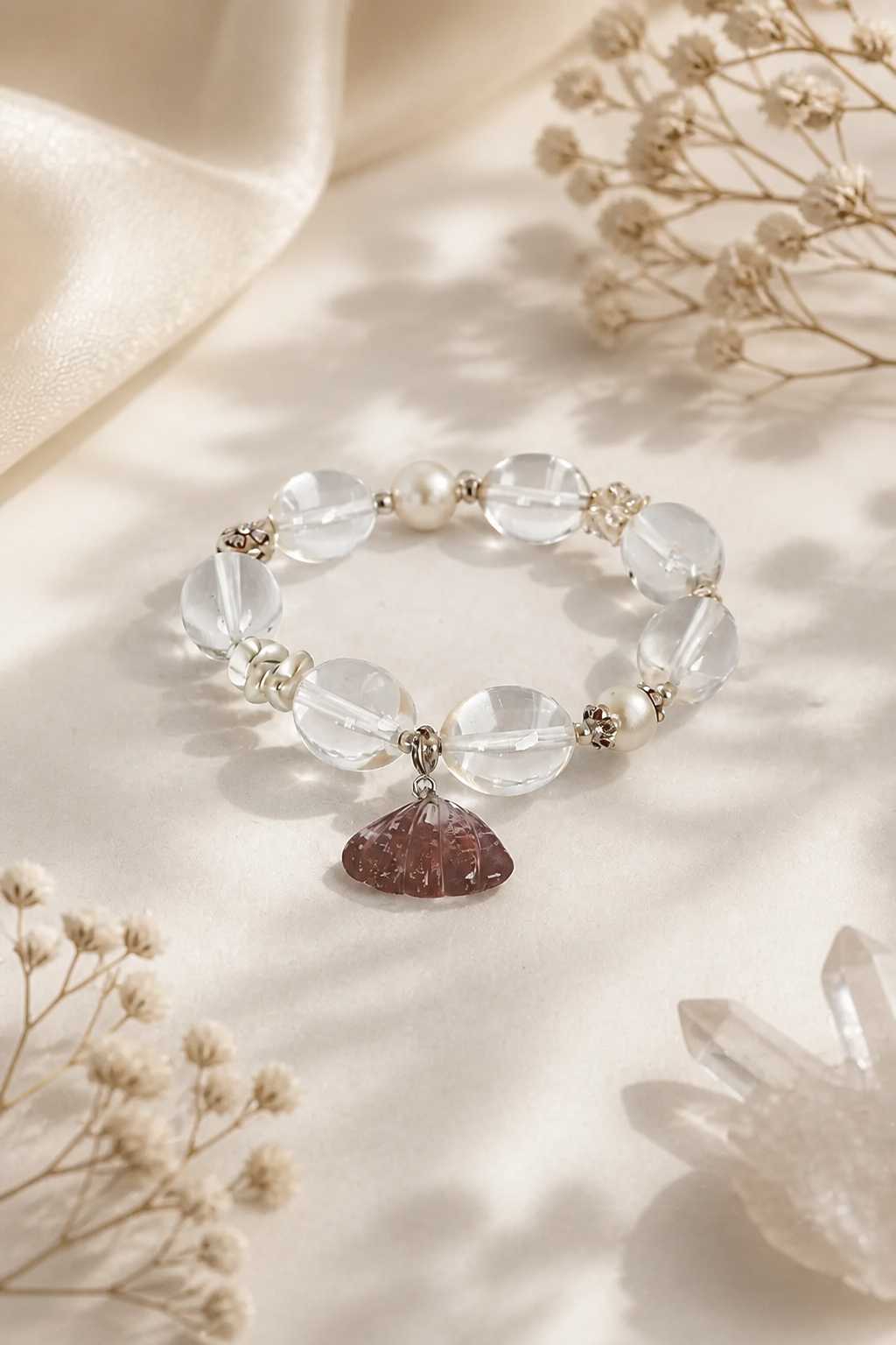 Blossom Shell Bracelet – Clear Quartz, Pearl & Shell Charm