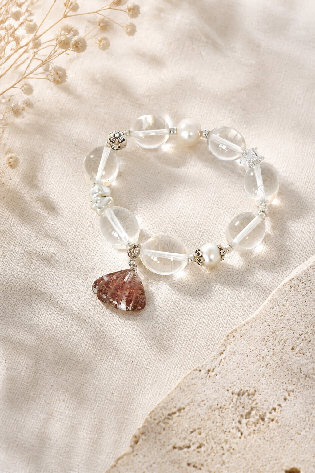 Blossom Shell Bracelet – Clear Quartz, Pearl & Shell Charm