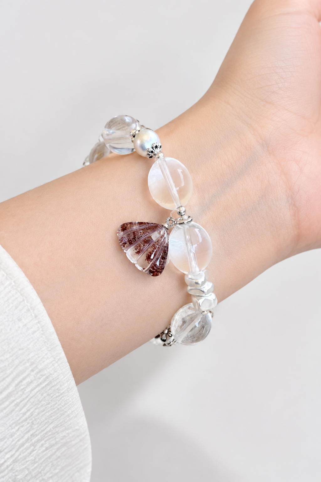 Blossom Shell Bracelet – Clear Quartz, Pearl & Shell Charm