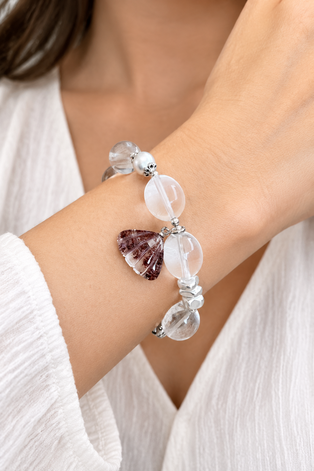 Blossom Shell Bracelet – Clear Quartz, Pearl & Shell Charm