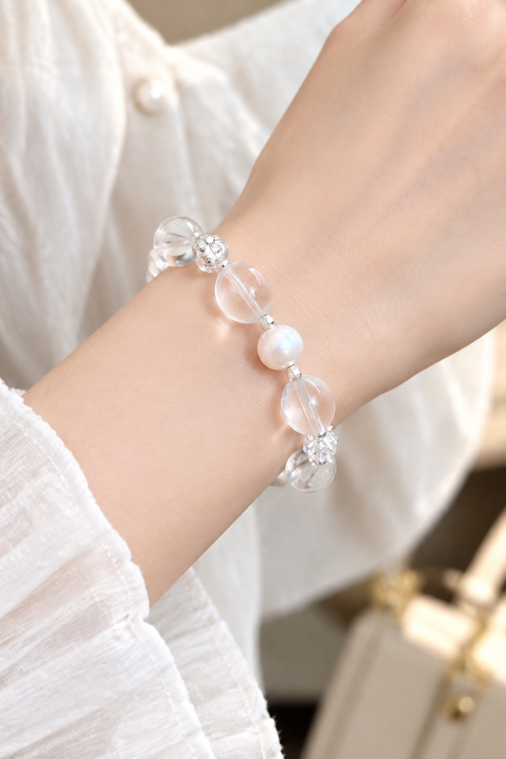 Blossom Shell Bracelet – Clear Quartz, Pearl & Shell Charm