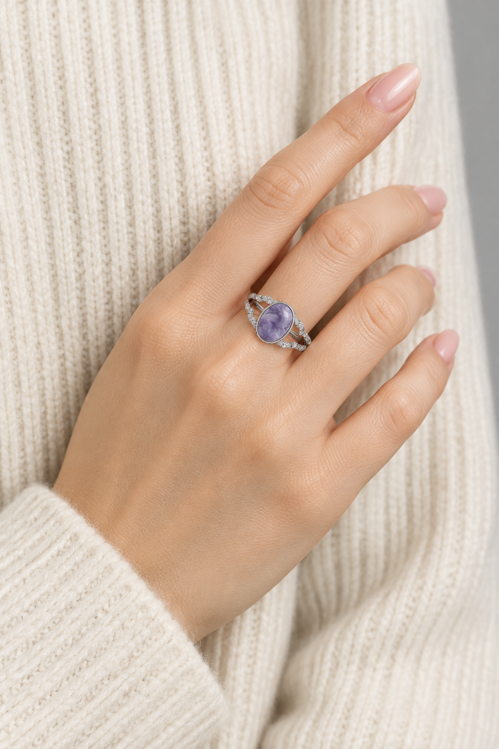 Russian Charoite S925 Silver Adjustable Ring