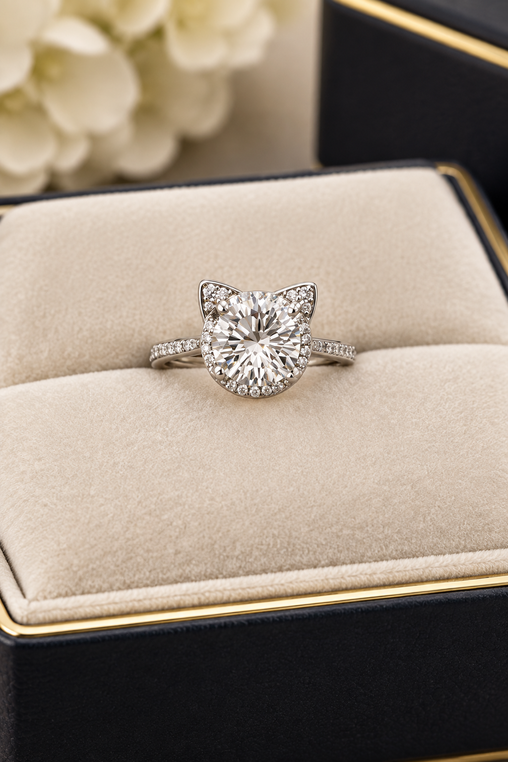 S925 Sterling Silver Clear Quartz Cat Ring – Adjustable