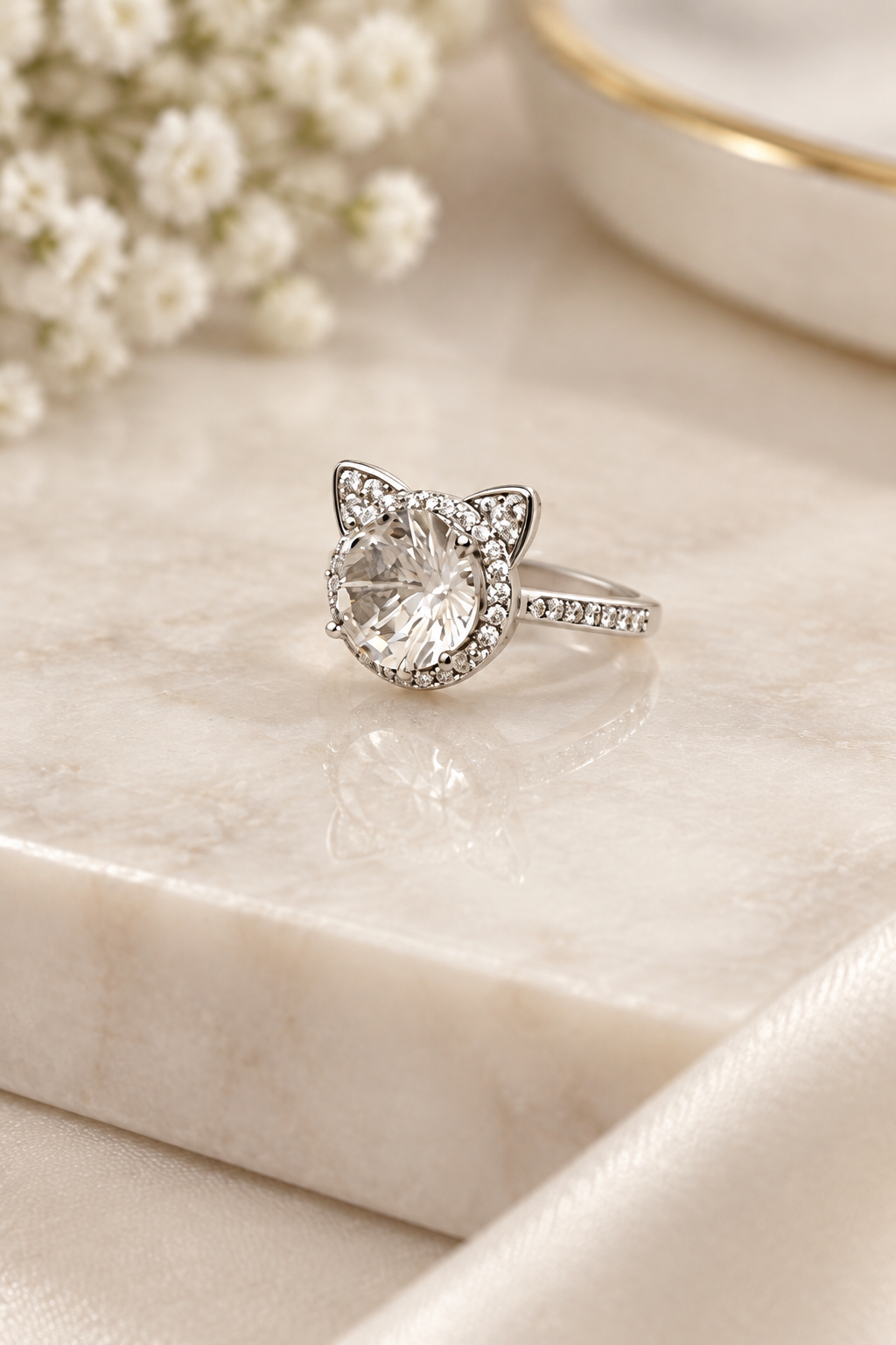S925 Sterling Silver Clear Quartz Cat Ring – Adjustable