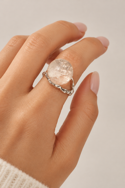 Azeztulite Crystal Sphere Adjustable Ring – Stainless Steel