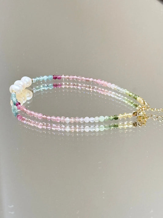 🌸 Pastel Tourmaline & Freshwater Pearls – S925 Gold-Plated